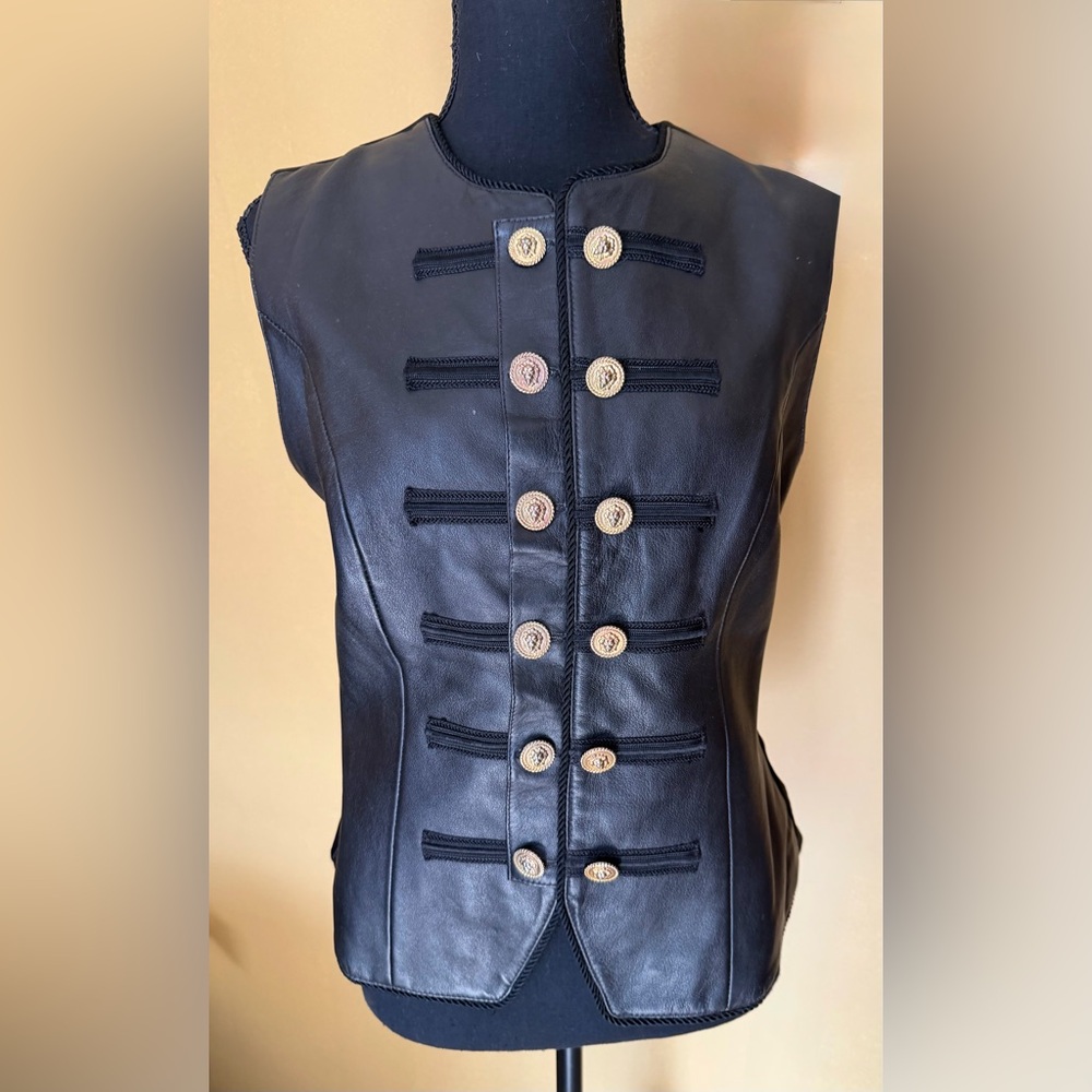Black Leather Vest with Gold Buttons